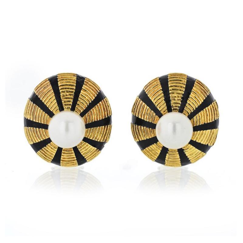  Tiffany Co TIFFANY CO 18K YELLOW GOLD BLACK ENAMEL AND PEARL TAJ MAHAL CLIP ON EARRINGS
