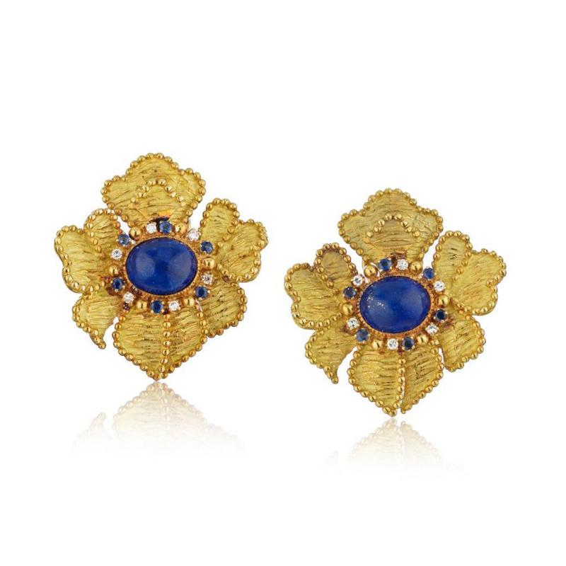  Tiffany Co TIFFANY CO 18K YELLOW GOLD DIAMOND AND LAPIS CLIP ON FLOWER EARRINGS
