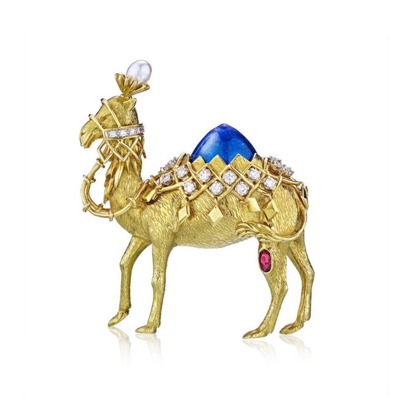  Tiffany Co TIFFANY CO 18K YELLOW GOLD DIAMOND RUBY PEARL AND ENAMEL CAMEL BROOCH