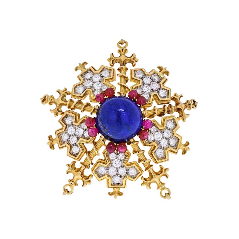  Tiffany Co TIFFANY CO 18K YELLOW GOLD SNOWFLAKE WITH LAPIS RUBIES AND DIAMONDS BROOCH