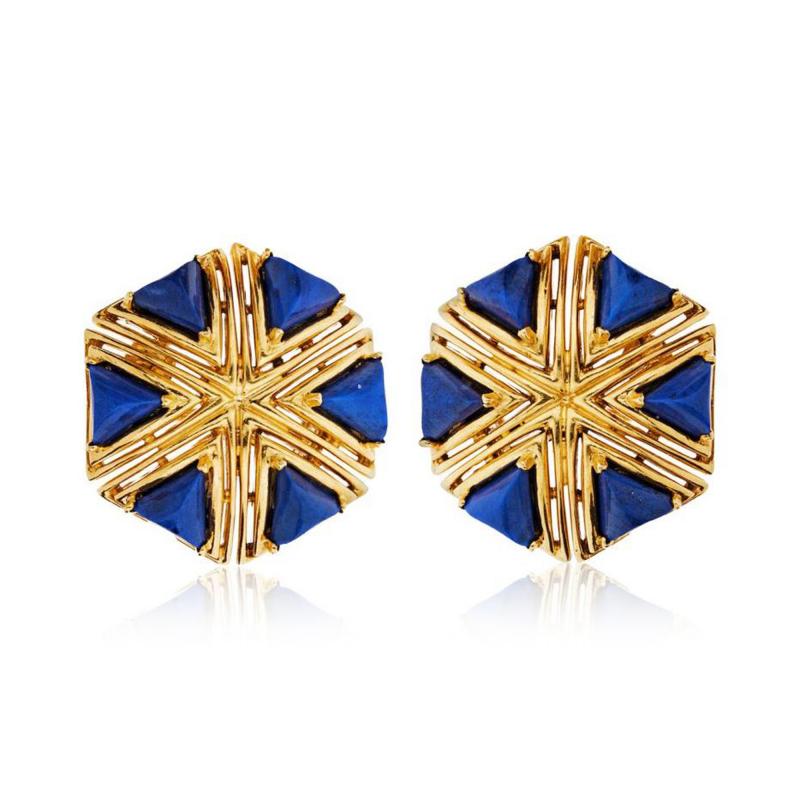  Tiffany Co TIFFANY CO 1970S 18K YELLOW GOLD TRIANGULAR LAPIS BOHEMIAN EARRINGS