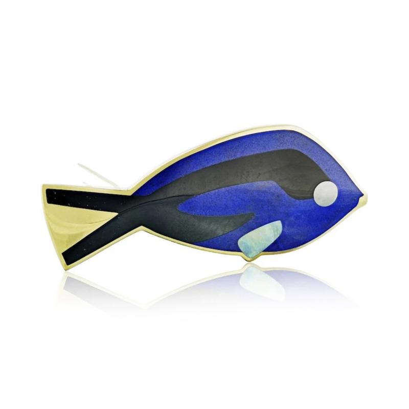  Tiffany Co TIFFANY CO ANGELA CUMMINGS 18K YELLOW GOLD BLUE FISH BROOCH