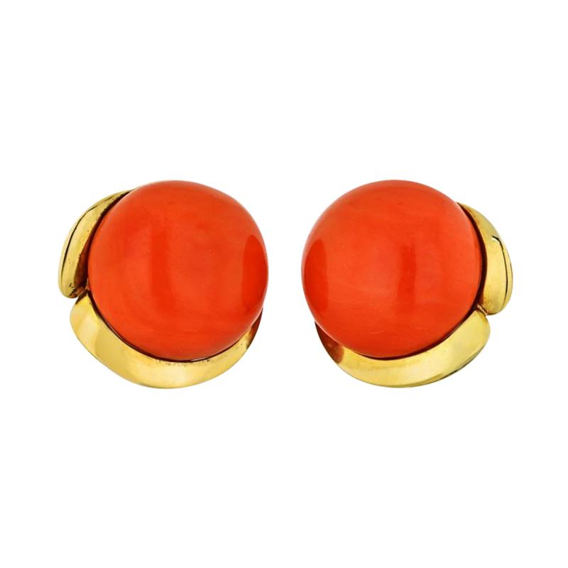  Tiffany Co TIFFANY CO CORAL 18K YELLOW GOLD ROUND CORAL CLIP EARRINGS