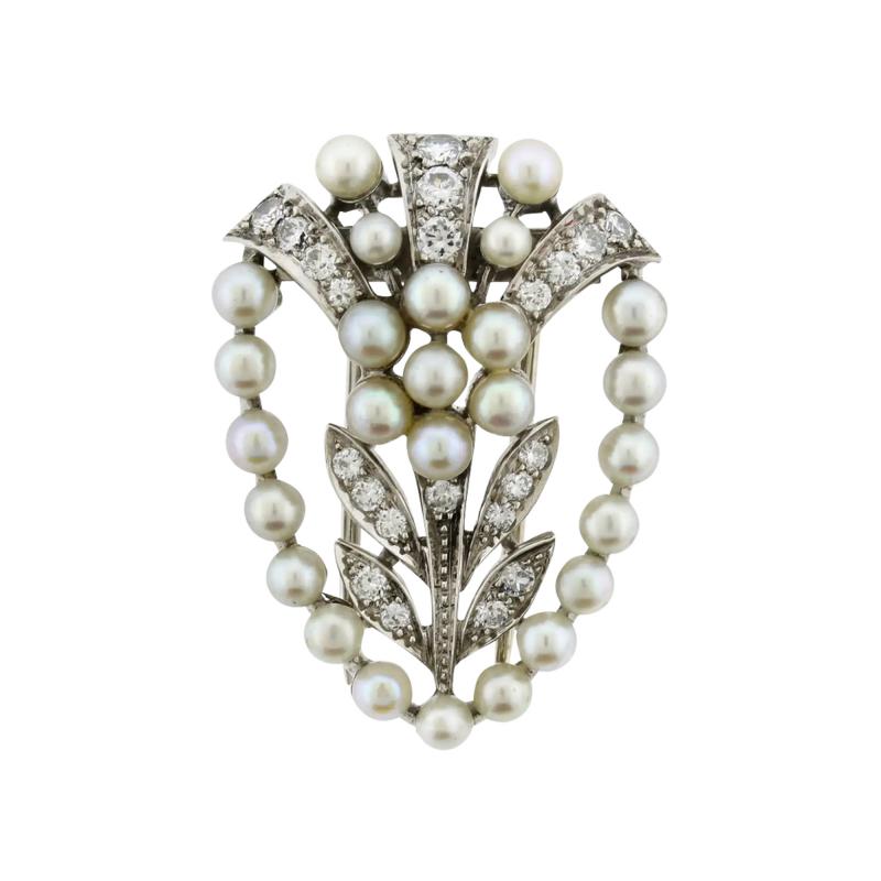  Tiffany Co TIFFANY CO DIAMOND AND PEARL PALLADIUM FLOWER BROOCH