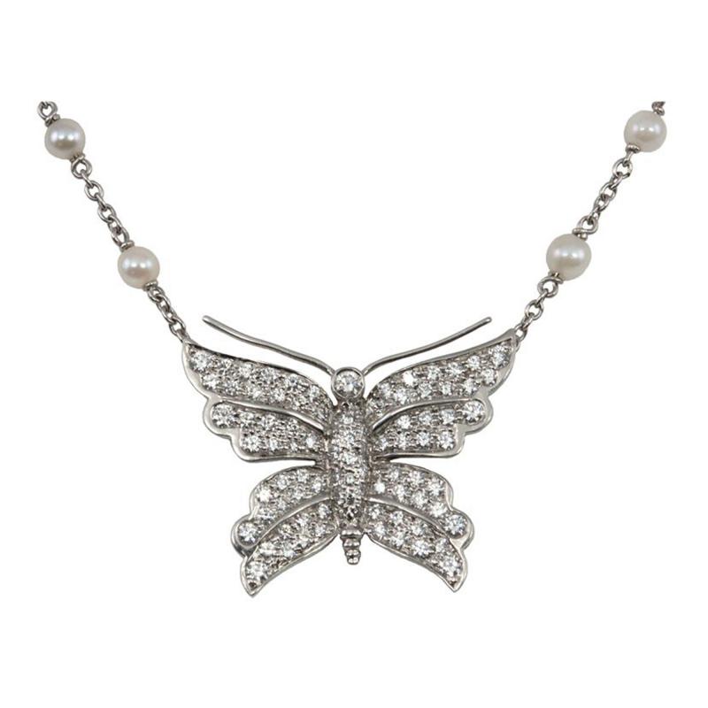  Tiffany Co TIFFANY CO DIAMOND BUTTERFLY AND PEARL PLATINUM NECKLACE