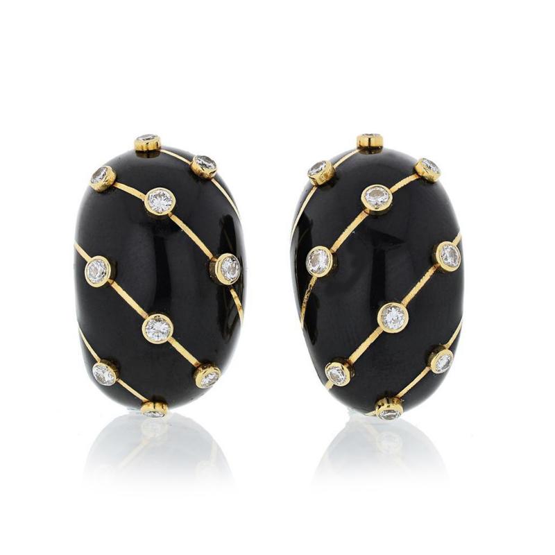  Tiffany Co TIFFANY CO PLATINUM 18K YELLOW GOLD BLACK ENAMEL DIAMOND BANANA EARRINGS