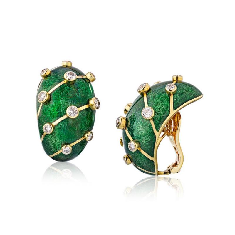  Tiffany Co TIFFANY CO SCHLUMBERGER 18K YELLOW GOLD GREEN ENAMEL BANANA DIAMOND EARRINGS