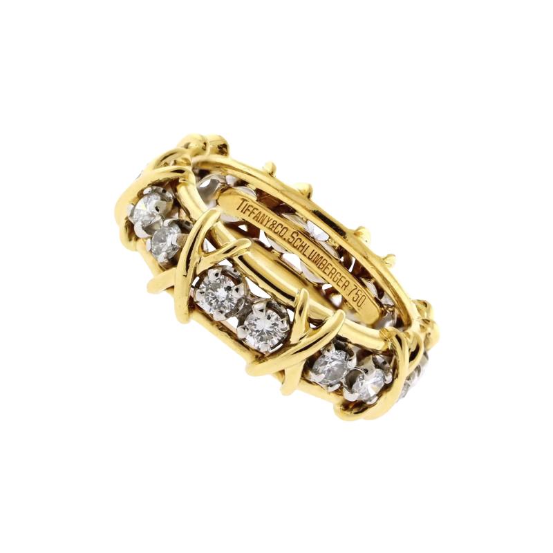  Tiffany Co Tiffany Co Schlumberger 16 Stone Diamond Gold and Platinum X Ring Size 7 