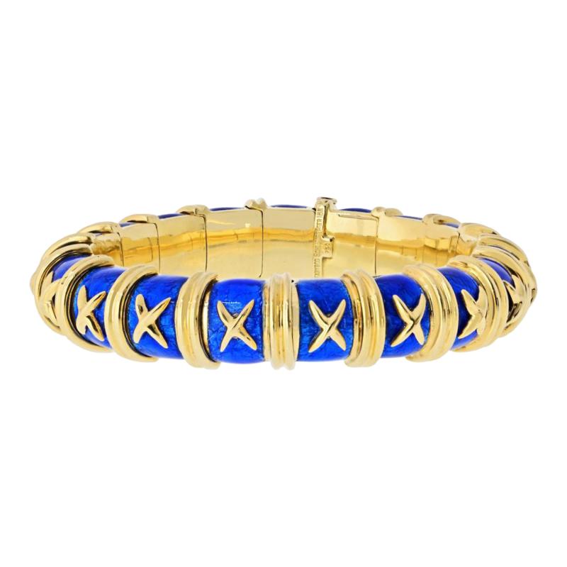  Tiffany Co Tiffany Co Schlumberger 18K YG Croisillon Blue Enamel Bangle Bracelet