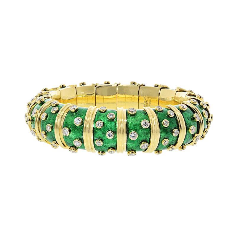 Tiffany Co Tiffany Co Schlumberger 18K Yellow Gold Green Enamel Diamond Bracelet