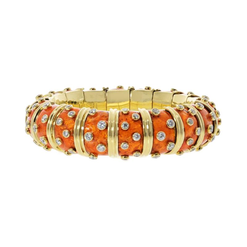  Tiffany Co Tiffany Co Schlumberger 18K Yellow Gold Orange Enamel Diamond Bracelet