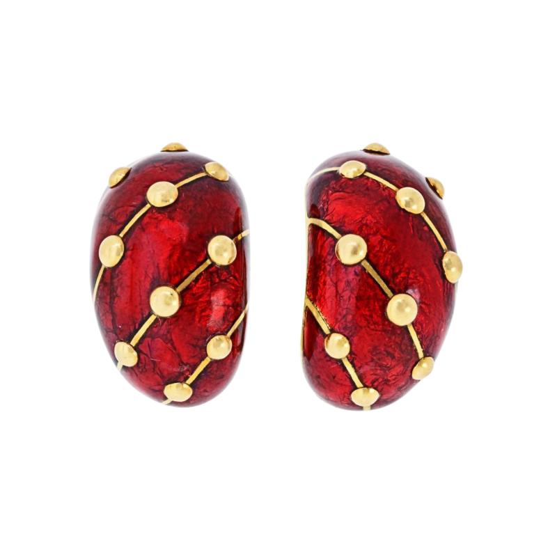  Tiffany Co Tiffany Co Schlumberger 18K Yellow Gold Red Enamel Diamond Banana Earrings