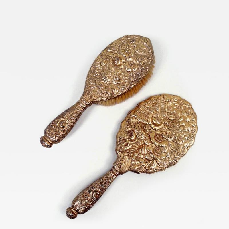  Tiffany Co Tiffany Fern Flower Vanity Pair with Hand Mirror Hairbrush