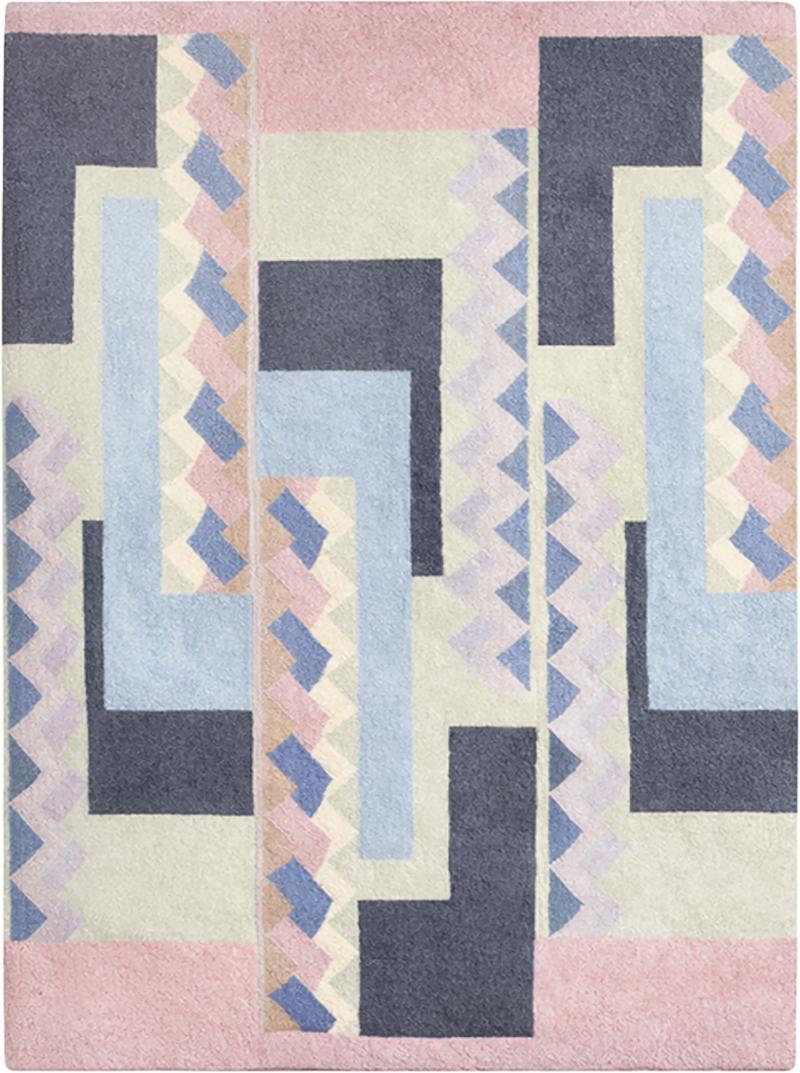  Tisca Tisca Geometric Pattern Hand Tufted Wool Rug Signed ILES France 1990s