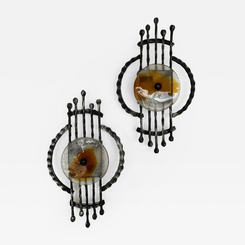  Tom Ahlstr m Hans Ehrich Pair of Brutalist Sconces Iron Murano Glass by Ahlstrom and Ehrich 1970s