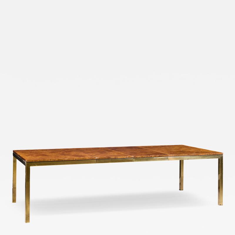  Tomlinson Tomlinson Mid Century Burlwood and Brass Expanding Dining Table with 2 Leaves