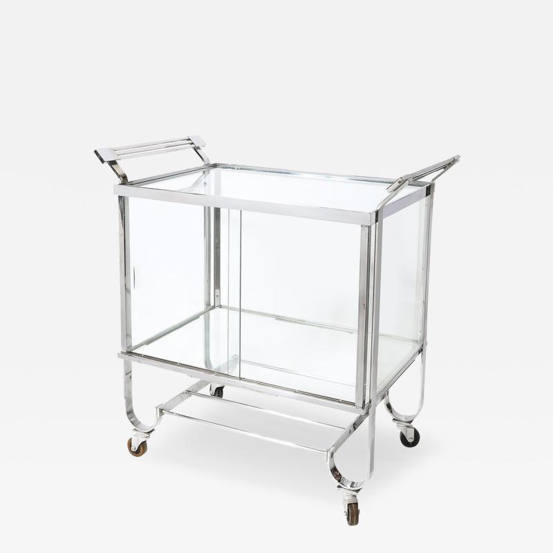 Treitel Gratz Co Art Deco Polished Nickel Two Tier Serving Cart w Glass Doors by Treitel Gratz