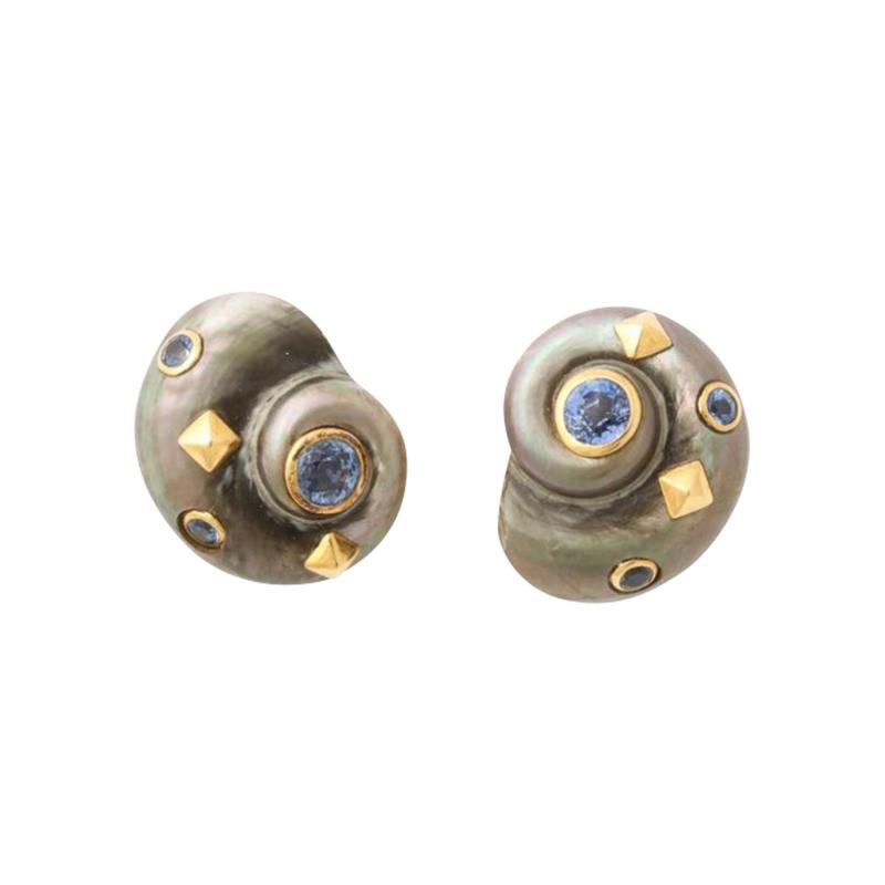  Trianon Iridescent Grey Shell Earrings Set in 18k Gold Inlaid Blue Topaz by Trianon