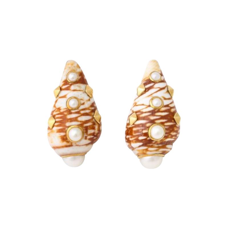  Trianon Red Beige Shell Earrings Set in 18k Gold With Inlaid Pearls by Trianon