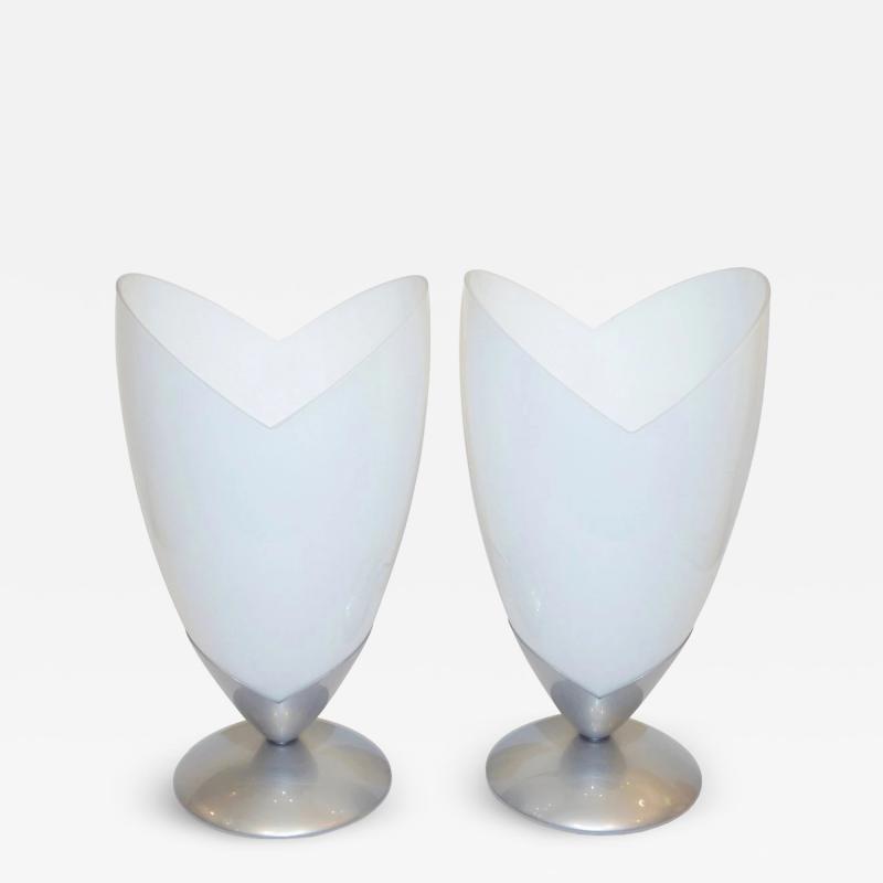  Tronconi 1970s Italian Pair of Satin Nickel White Glass Organic Tulip Lamps by Tronconi