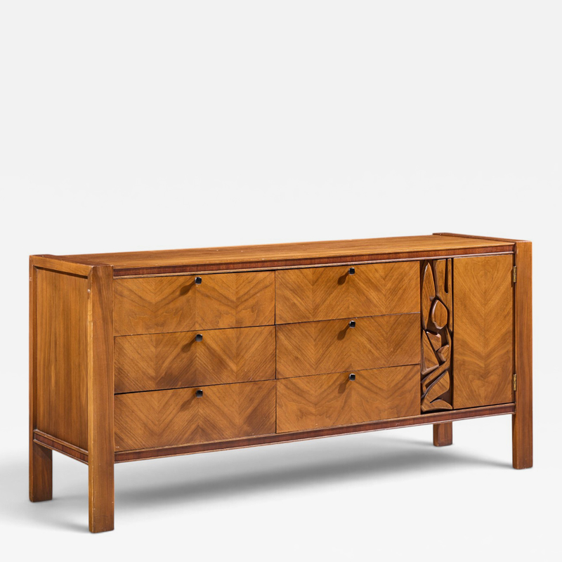  United Furniture Corporation United Tiki Brutalist Mid Century Walnut Lowboy Dresser