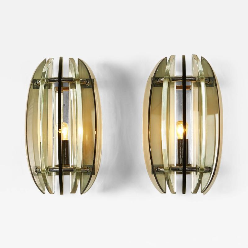  VECA Pair of 1960s Italian chrome and dark and pale green glass wall lights by Veca