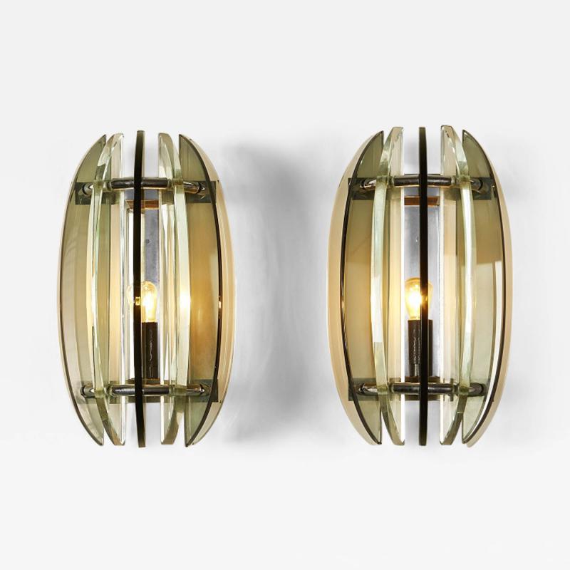  VECA Pair of 1960s Italian chrome and dark and pale green glass wall lights by Veca