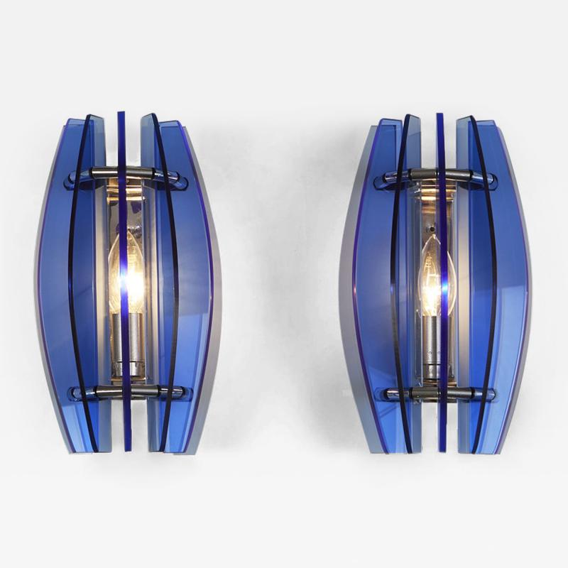  VECA Pair of 1970s Italian chrome and blue glass wall lights by Veca