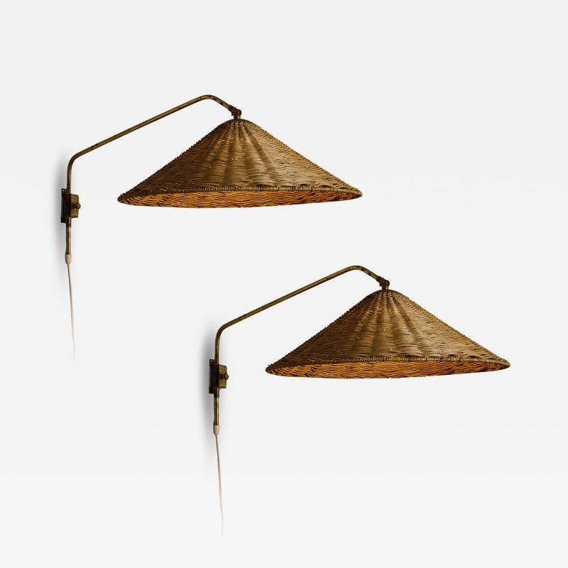 Valinte OY 1950s Valinte Oy Rattan Brass Plug In Wall Lamp in the Manner of Paavo Tynell