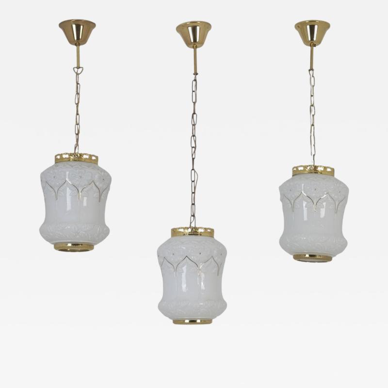  Valinte OY Set of Three Jugend Style Pendants in Milk Glass Brass Valinte Finland 1970s