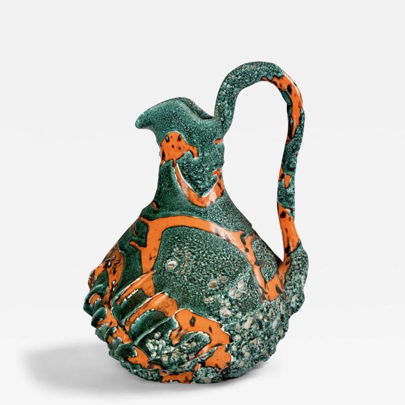  Vallauris Mid Century Modern Dark Green Bright Orange Ceramic Jug from Vallauris 1960s