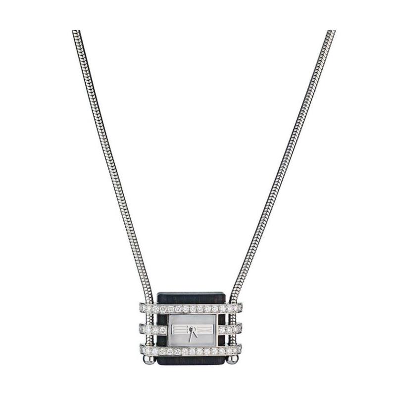  Van Cleef Arpels 18K WHITE GOLD DIAMOND MOTHER OF PEARL WOOD PENDANT WATCH WITH SNAKE CHAIN