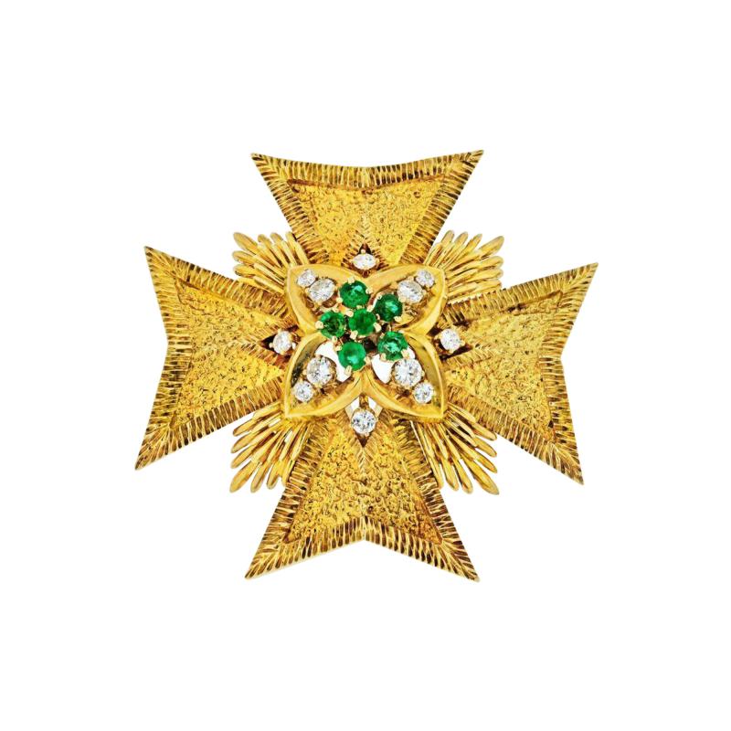  Van Cleef Arpels MALTESE CR 18K YELLOW GOLD DIAMOND AND EMERALD PENDANT AND BROOCH