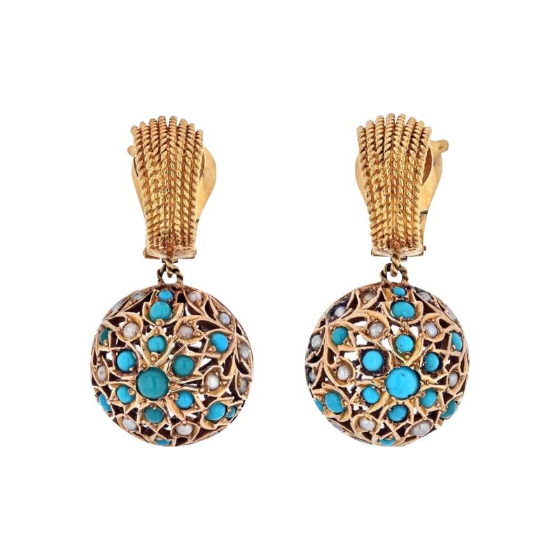  Van Cleef Arpels VAN CLEEF ARPELS 18K YELLOW GOLD 1960S TURQUOISE PEARL DROP DANGLE EARRINGS