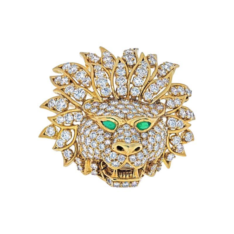  Van Cleef Arpels VAN CLEEF ARPELS 18K YELLOW GOLD DIAMOND LION HEAD MASK EMERALD EYES BROOCH