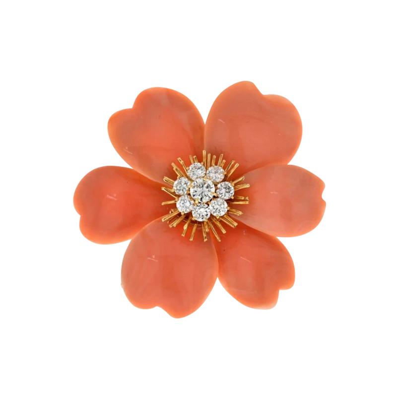  Van Cleef Arpels VAN CLEEF ARPELS 18K YELLOW GOLD ROSE DE NOEL CORAL DIAMOND FLOWER BROOCH