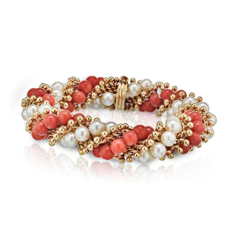  Van Cleef Arpels VAN CLEEF ARPELS CIRCA 1950S 18K YELLOW GOLD TWIST CORAL AND PEARL BRACELET