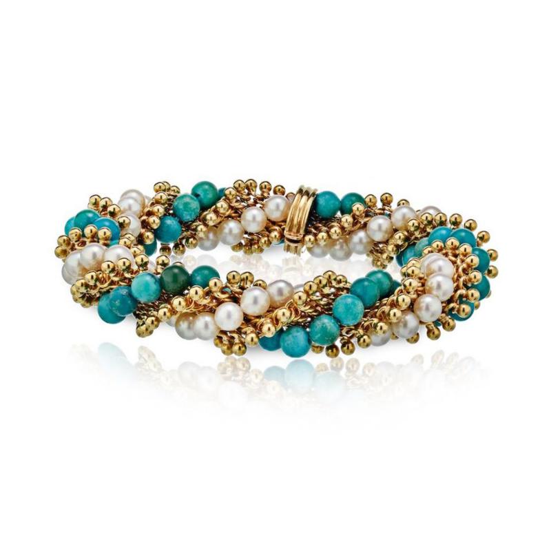  Van Cleef Arpels VAN CLEEF ARPELS CIRCA 1950S 18K YELLOW GOLD TWIST TURQUOISE PEARL BRACELET