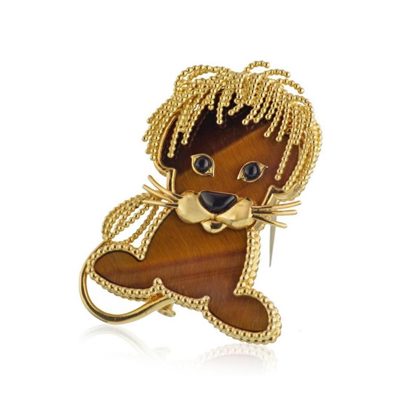  Van Cleef Arpels VAN CLEEF ARPELS FRENCH 18K YELLOW GOLD LUCKY ANIMALS LION TIGER EYE BROOCH