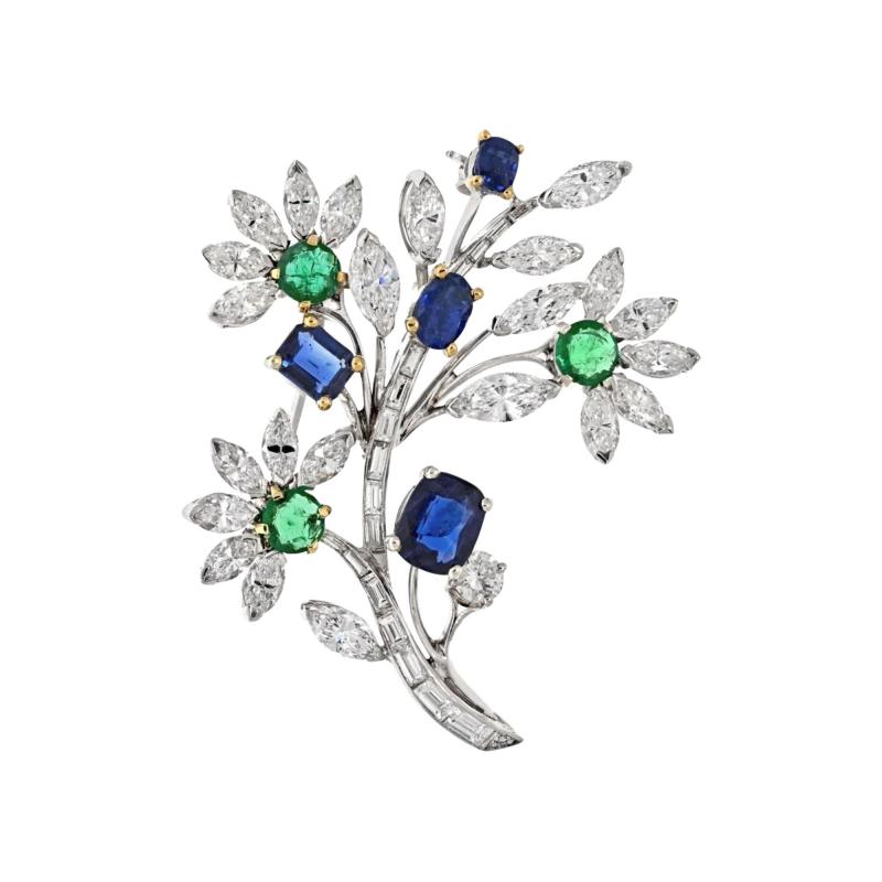  Van Cleef Arpels VAN CLEEF ARPELS PLATINUM BOUQUET DIAMOND SAPPHIRE AND EMERALD BROOCH