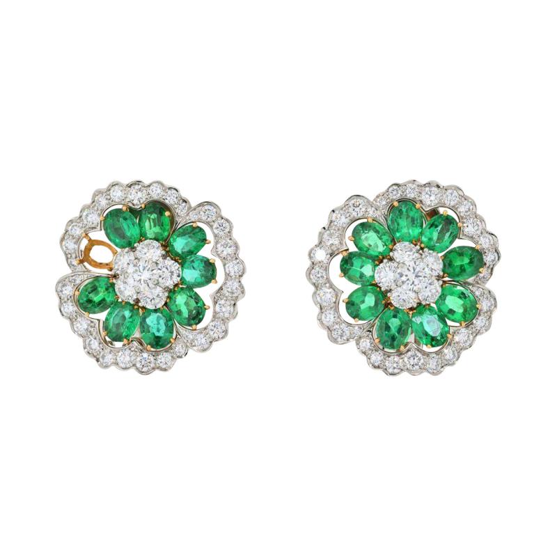  Van Cleef Arpels VAN CLEEF ARPELS PLATINUM GREEN EMERALD AND DIAMOND FLOWER CLUSTER EARRINGS