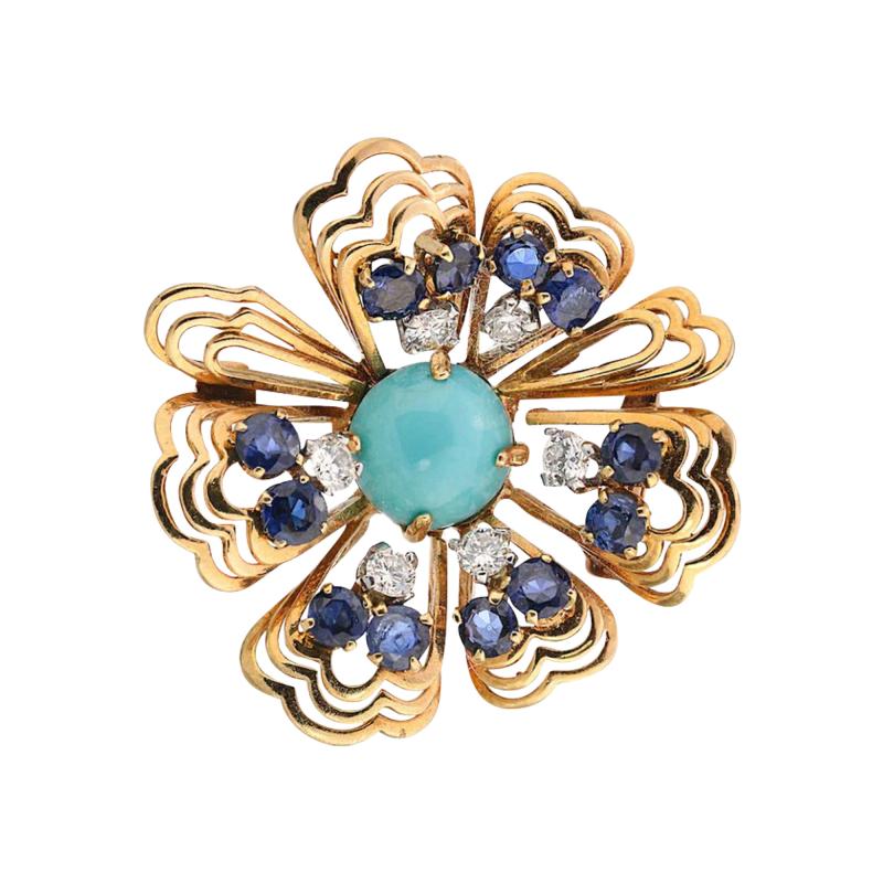  Van Cleef Arpels VAN CLEEF ARPELS VINTAGE 18K YELLOW GOLD TURQUOISE SAPPHIRE DIAMOND BROOCH