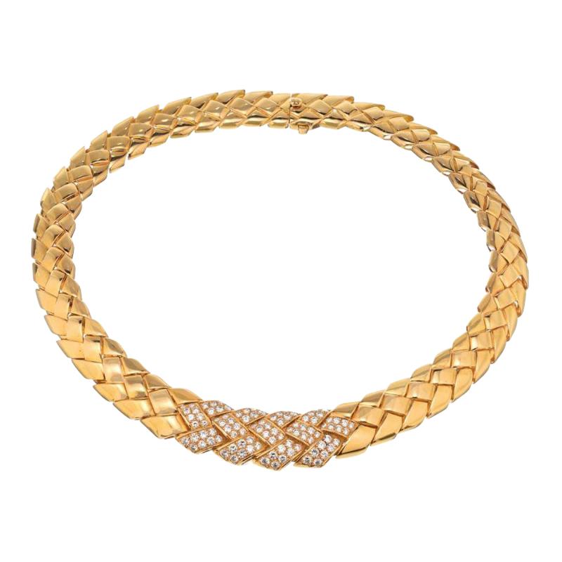  Van Cleef Arpels VCA 18K YELLOW GOLD SUBSTANTIAL WOVEN DESIGN DIAMOND COLLAR NECKLACE