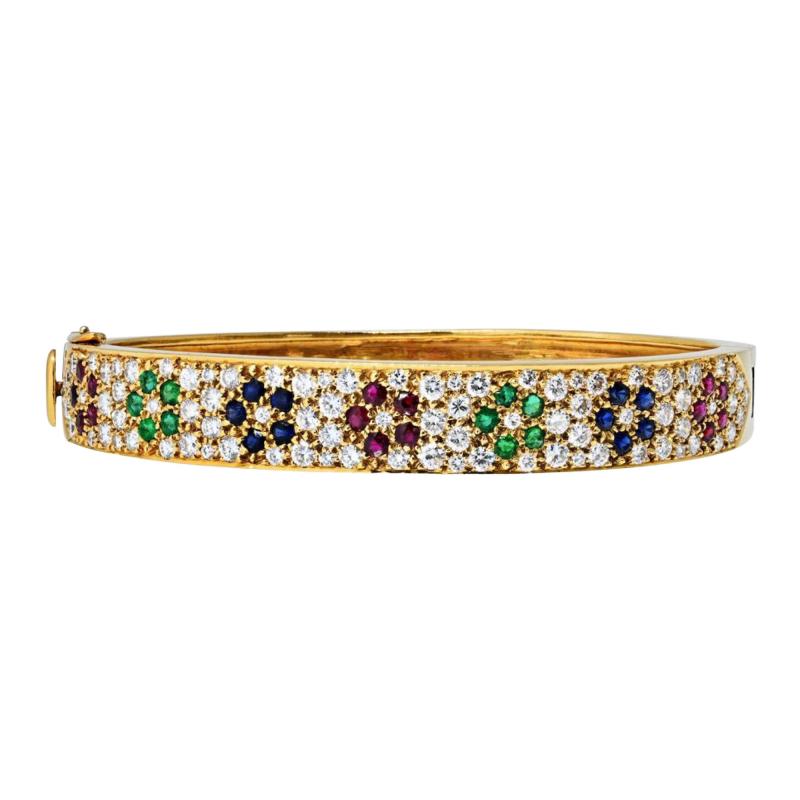  Van Cleef Arpels VCA 18K Yellow Gold Diamond And Multi Gem Flower Motif Bangle Bracelet