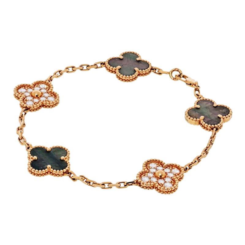  Van Cleef Arpels VCA Alhambra 18K Rose Gold Grey Mothr Of Pearl and Diamonds Bracelet