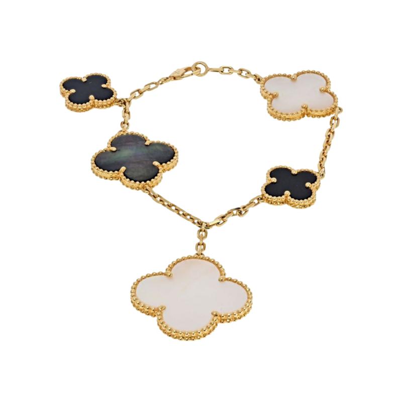 Van Cleef Arpels VCA Alhambra 18K Yellow Gold Magic Mother Of Pearl And Onyx Bracelet