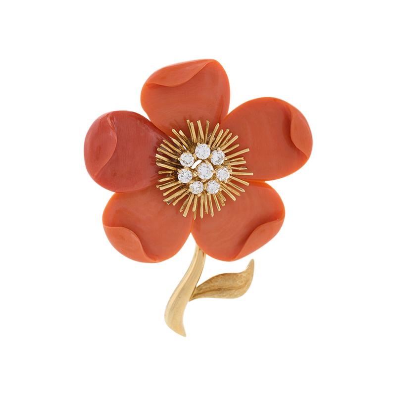  Van Cleef Arpels VCA Paris Mid 20th Century Coral Diamond and Gold Clematis Brooch