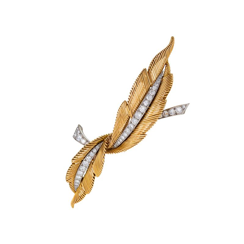  Van Cleef Arpels Van Cleef Arpels Mid Century Two Feathers Diamond Gold Platinum Brooch