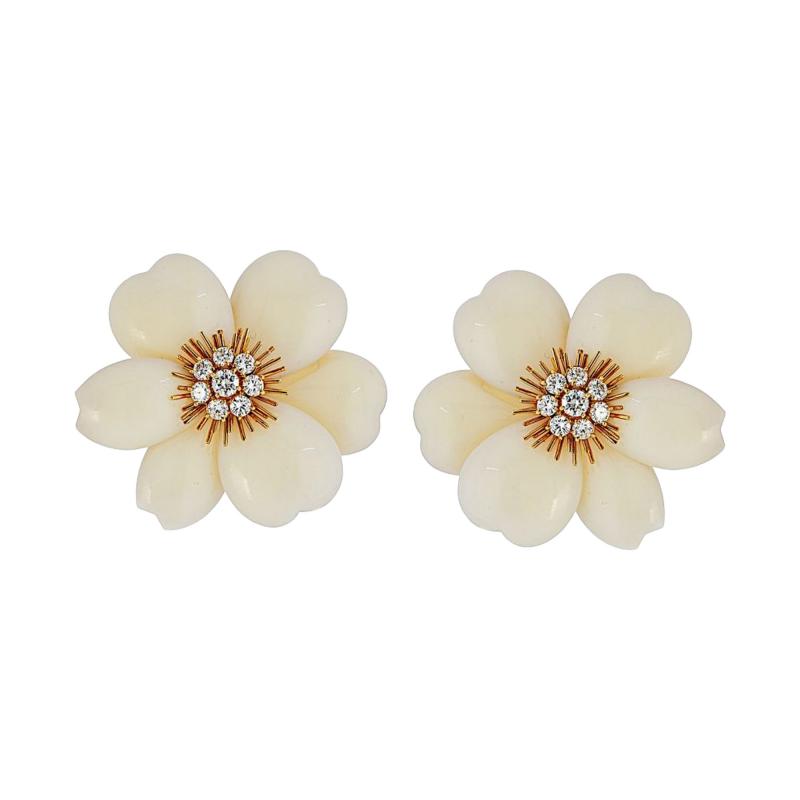  Van Cleef Arpels Van Cleef Arpels Rose de Noel 18K Yellow Gold Small Model White Coral Earrings