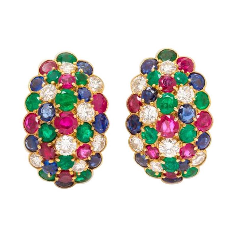  Van Cleef Arpels Van Cleef Arpels Yellow Gold Diamond Ruby Sapphire and Emerald Earclips